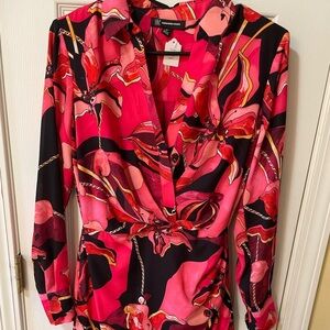 🔥 INC International Concepts XS Pink & Red Floral Wrap Dress Long Sleeve